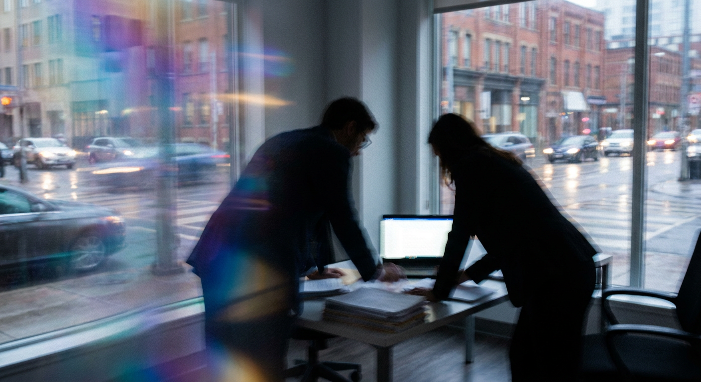 A business owner and consultant reviewing website layouts at a Toronto office meeting table.
