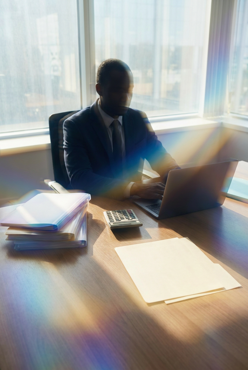 A marketing buyer comparing proposal folders at an office table beside a calculator and closed laptop.