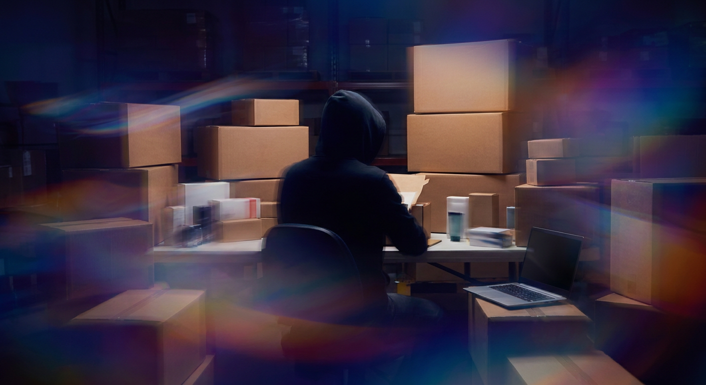 An ecommerce operator reviewing products beside a laptop and unbranded shipping boxes at a warehouse packing bench.