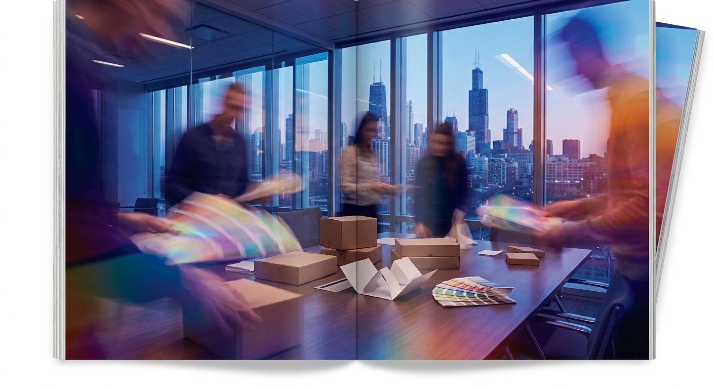 A buyer and designer reviewing packaging prototypes, color swatches and presentation layouts at an office conference table.