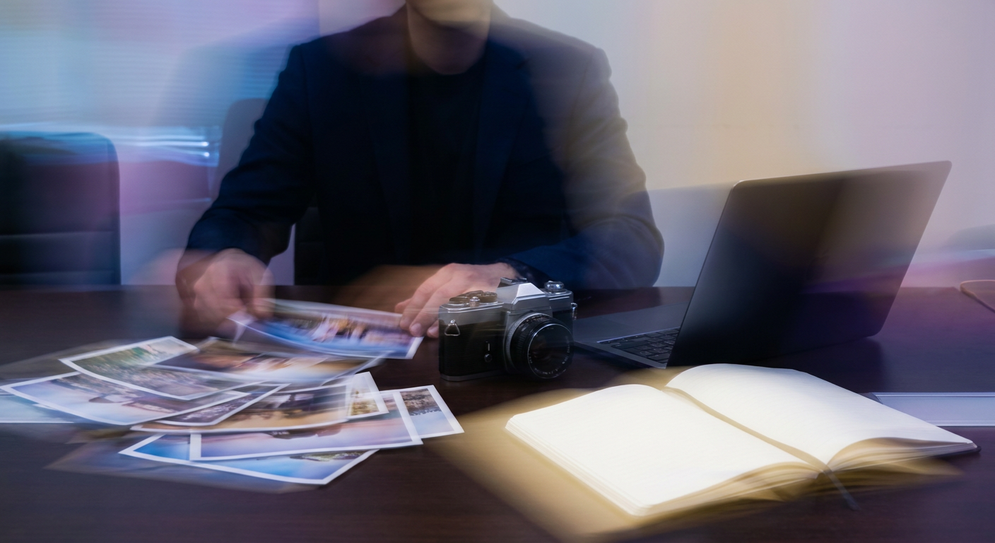 A marketing manager reviewing content photographs beside a camera and notebook on a meeting-room table.