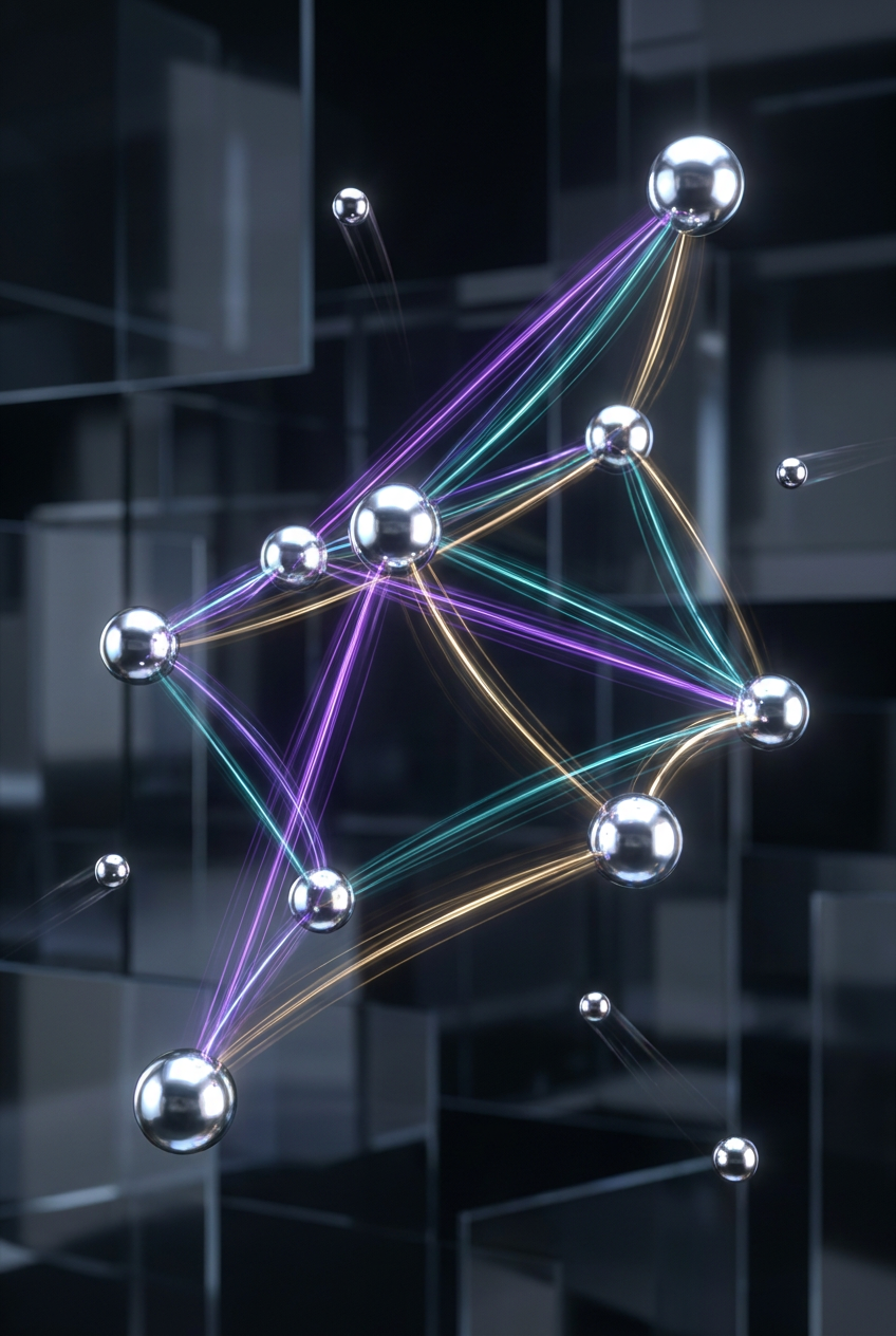 Abstract long-exposure gradient artwork with intersecting light trails in purple and teal