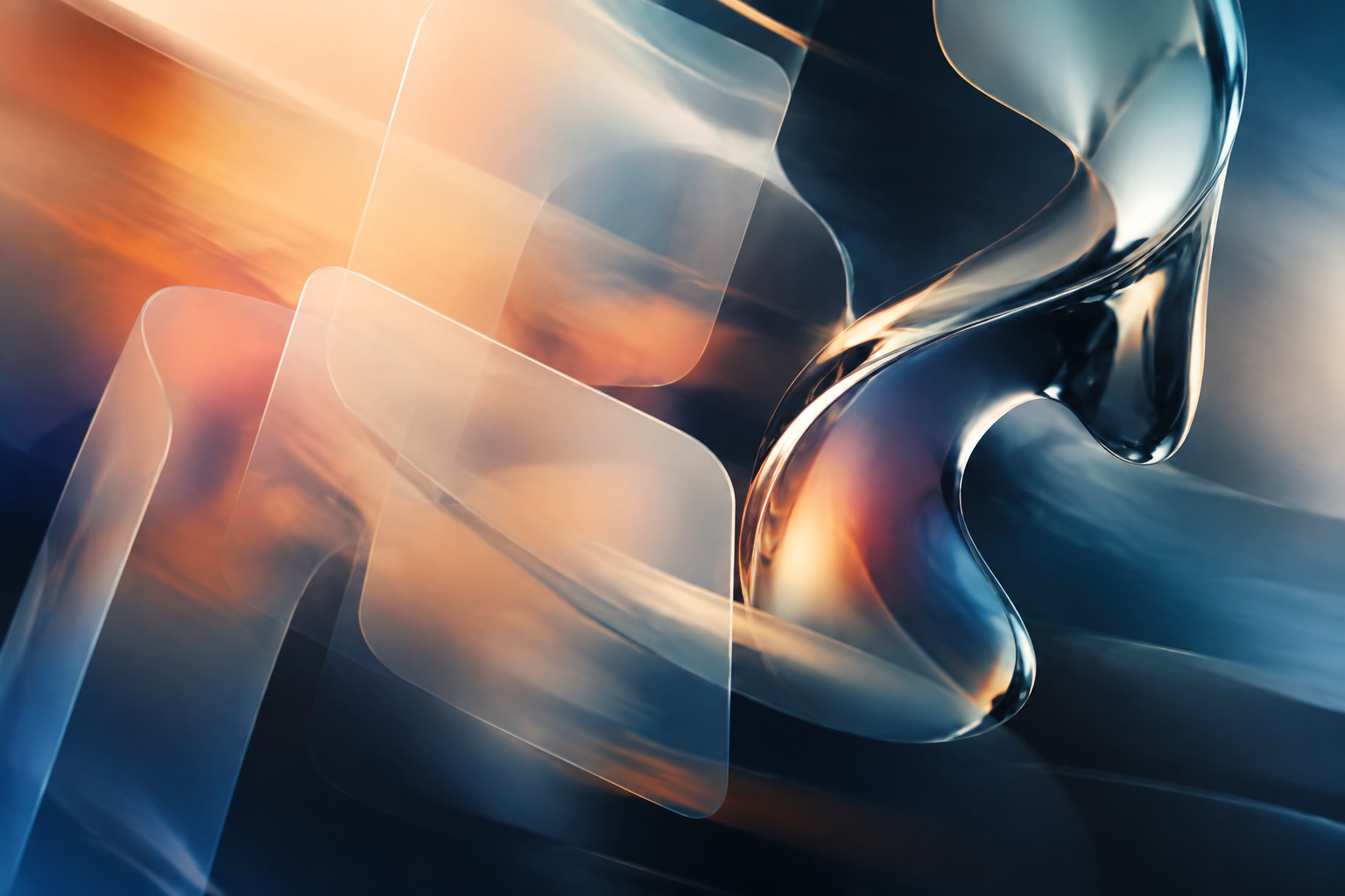 Abstract long-exposure artwork: translucent rounded panels drifting across a peach and navy gradient beside a chrome form, representing portfolio-led versus packaged design hiring.