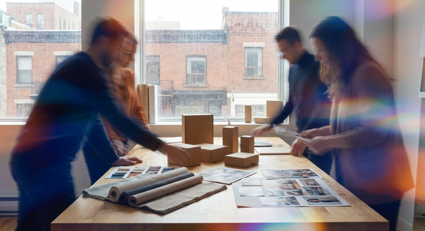 A creative team reviews packaging mockups and colour swatches in a Montreal studio.