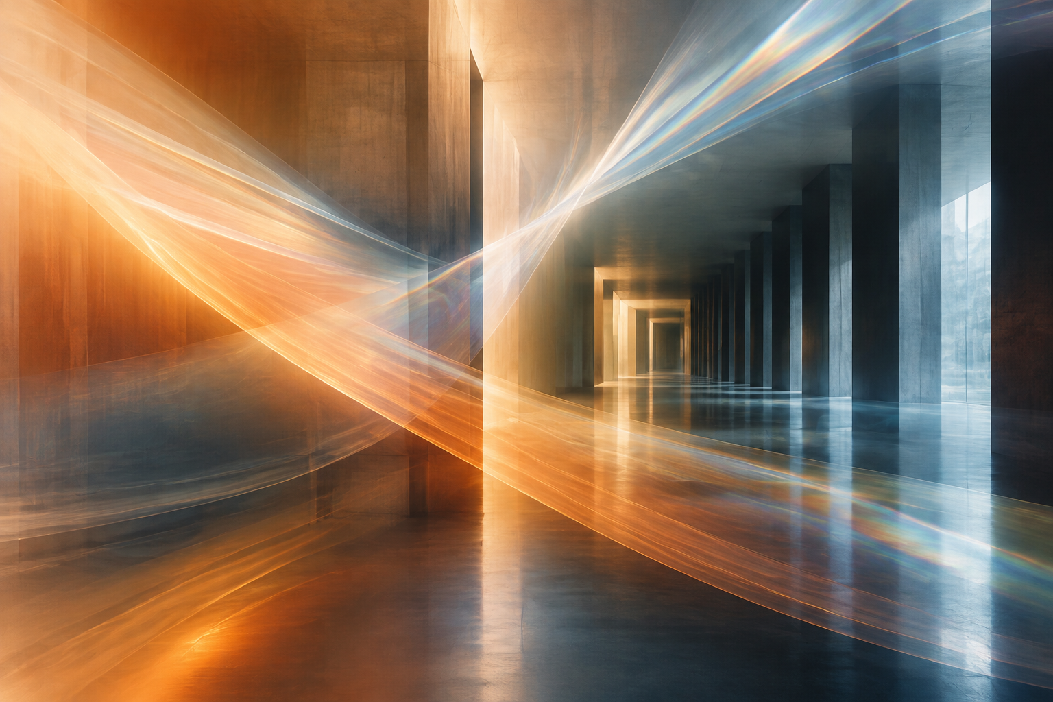 Two streams of warm and cool light crossing in a long concrete corridor, suggesting two different routes to the same destination